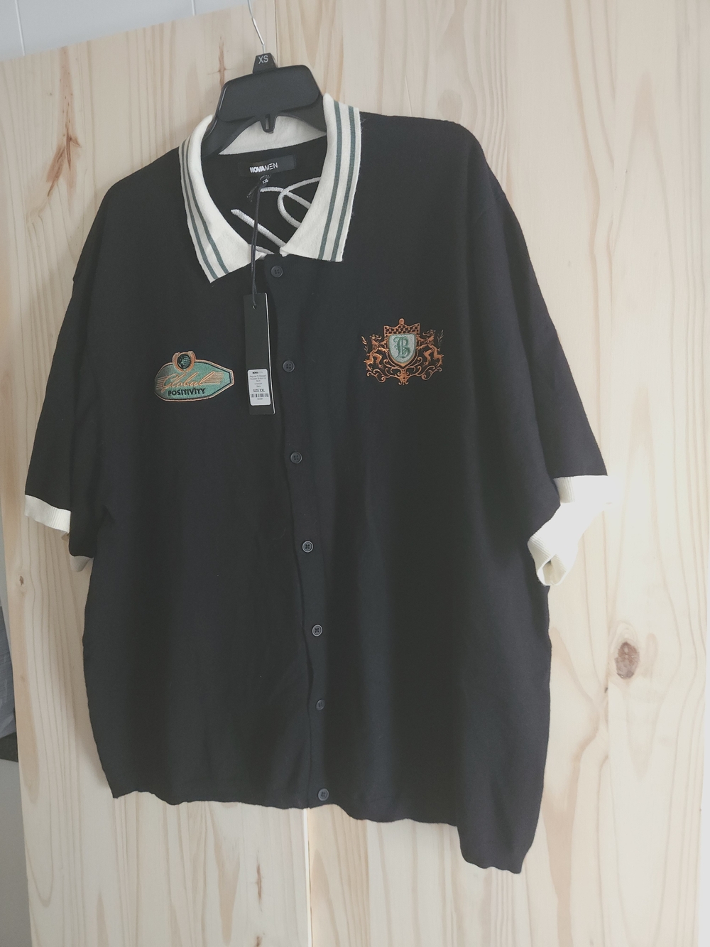 NWT NOVA MEN Black Oversized Button-Up Knit Polo Shirt XXL Embroidered Graphic